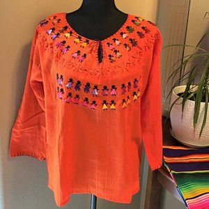 Muñequitas Embroidered Blouse (3/4 Sleeve) - Medium/One Size - (Orange)